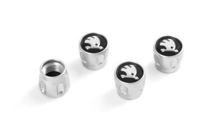Skoda Fabia 2015 > Silver & Black Valve Cap Set With Skoda Logo 000071215C
